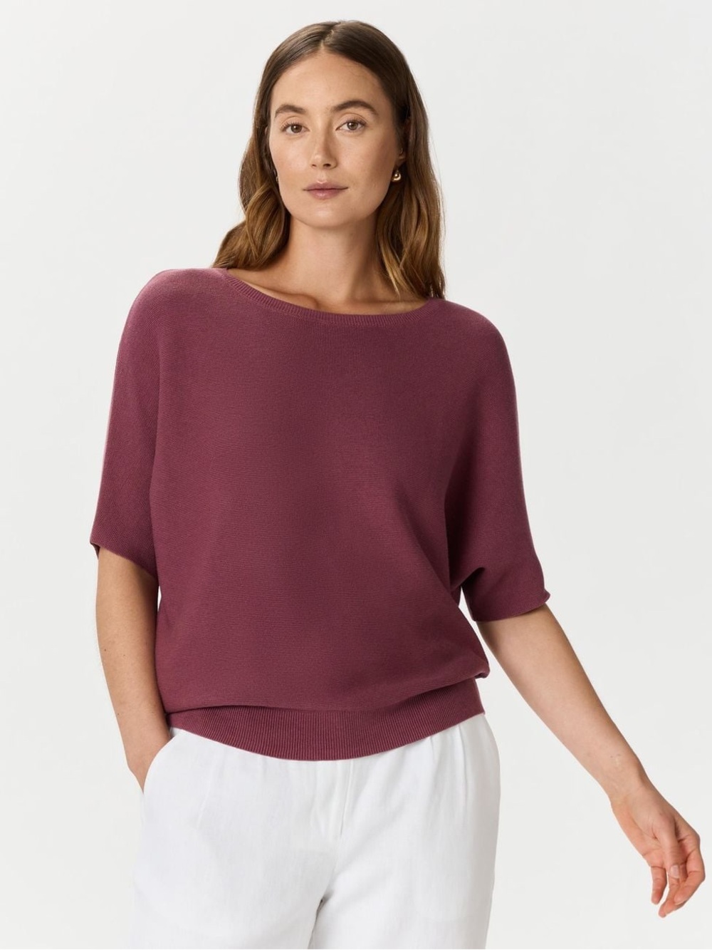 NWT Quince Lightweight Cotton Cashmere Link-Stitch Dolman Sweater XS Berry